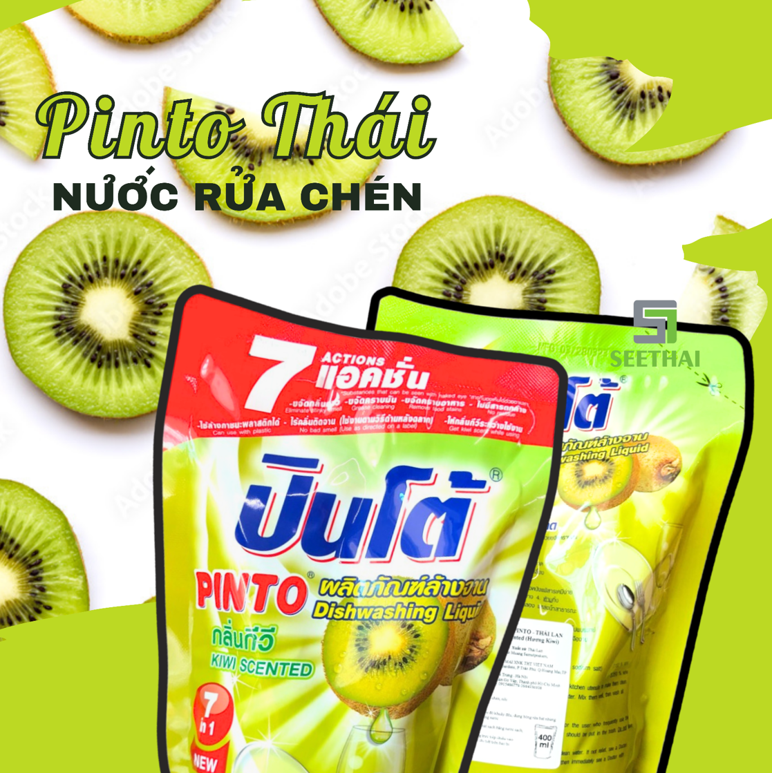 Nước rửa chén đậm đặc Thái Lan PINTO 400ml hương trái cây kiwi không khô