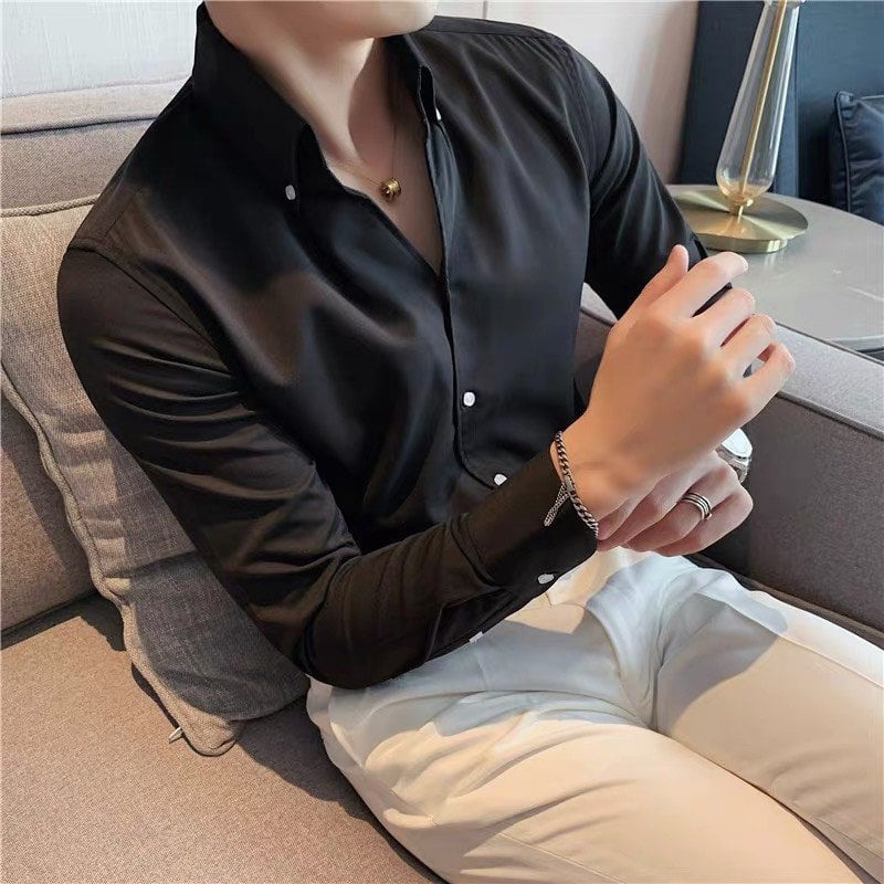 Áo sơ mi nam dài tay cổ bẻ, áo sơ mi vải lụa nến không nhăn không xù,áo cúc cổ tân thời 2022