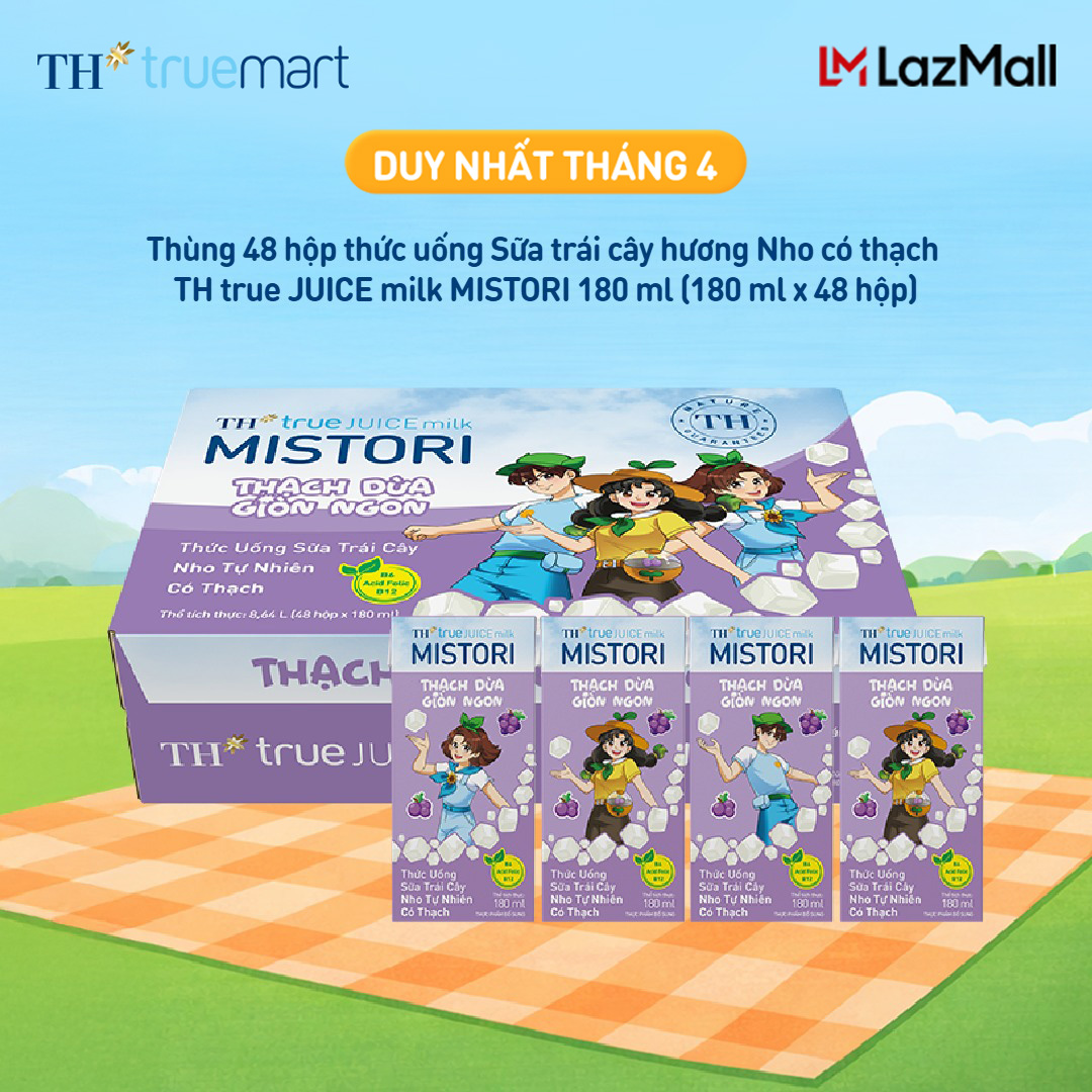Thùng 48 hộp thức uống Sữa trái cây hương Nho có thạch TH true JUICE milk MISTORI 180ml