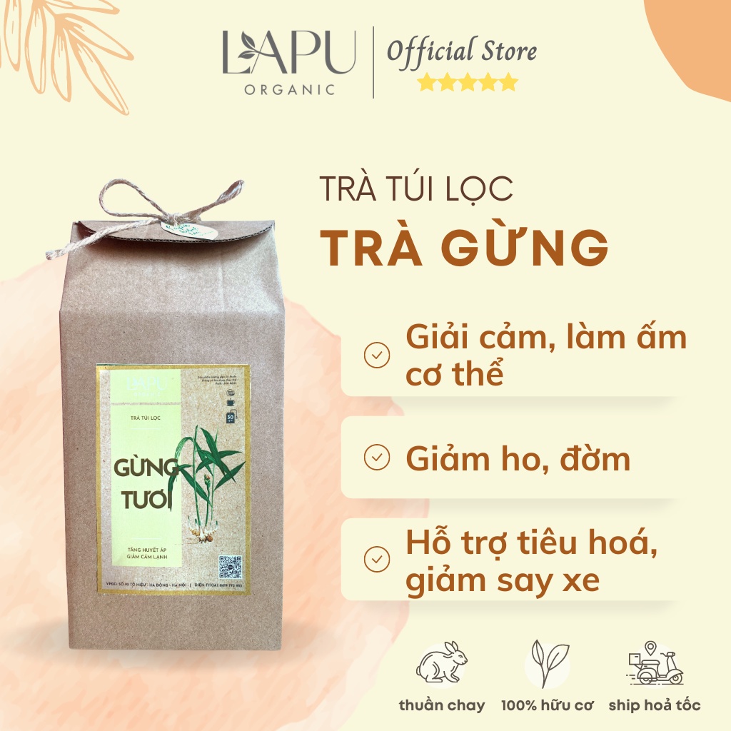 Trà gừng LAPU ORGANIC - Trà gừng túi lọc hỗ trợ tiêu hoá, tăng huyết áp, giảm cảm lạnh 100% thiên nhiên