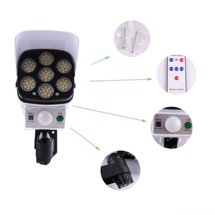 Đèn led năng lượng mặt trời đèn giả camera chống trộm - cảm ứng - chống nước - có điều khiển cảm biến - tiết kiệm năng lượng.