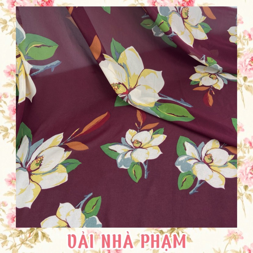 Vải voan lụa hoạ tiết hoa to nền đỏ bầm - khổ vải 1.5m - vải nhà phạm