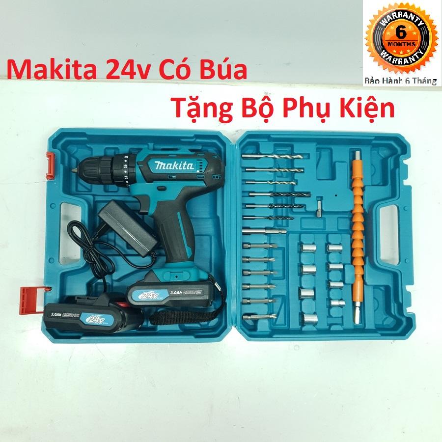 Máy khoan makita 24v có búa lõi đồng 2 pin -tặng bộ phụ kiện - bắt vít, khoan sắt, khoan tường, khoan gỗ - hàng malaysia