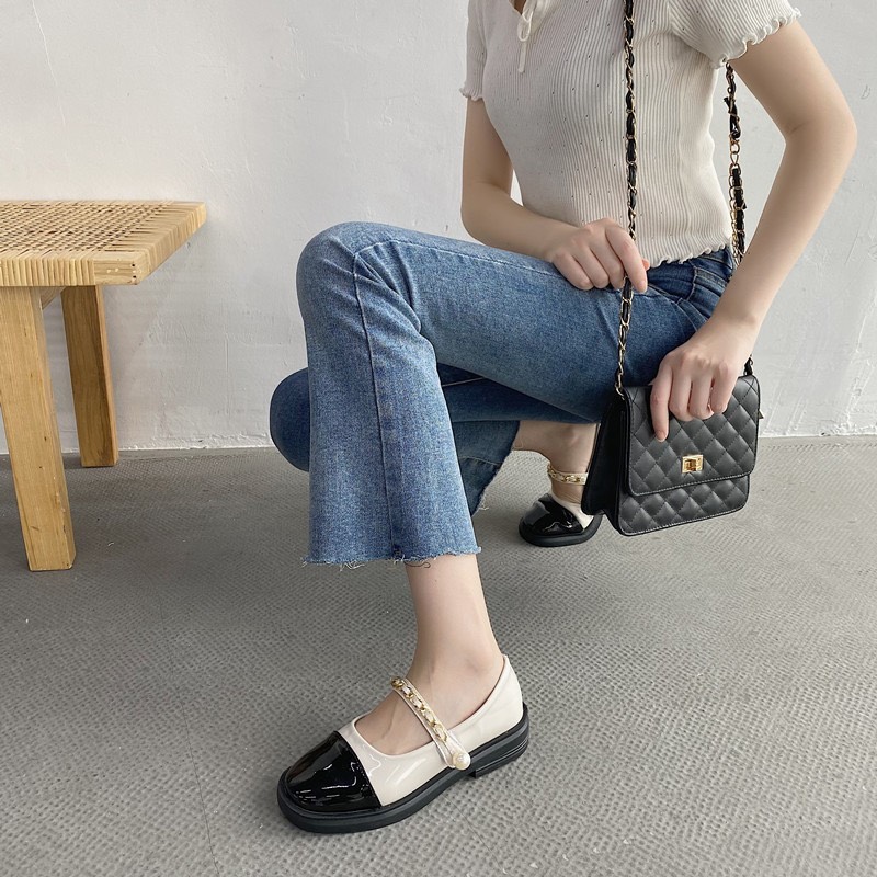 Giầy lười nữ quai xích ngọc pha màu