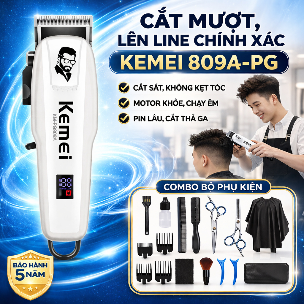 (Phiên Bản Mới Nhất) Tông đơ cắt tóc không dây chuyên nghiệp KEMEI 809A PG, tăng đơ cắt tóc trẻ em, Máy Cắt Tóc Chuyên Nghiệp Không Dây