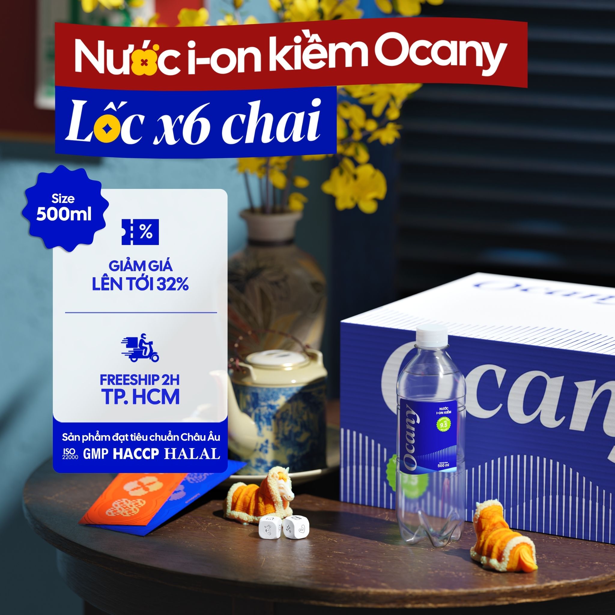 Lot of 6 Bottles of Premium Ocany Alkaline Ionized Water Ph 9.5, 500ml Bottle, Helps Neutralize Stomach Acid, Supports Health