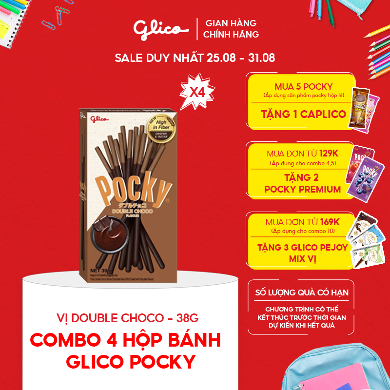 Combo 4 hộp bánh que socola glico pocky double choco 39g