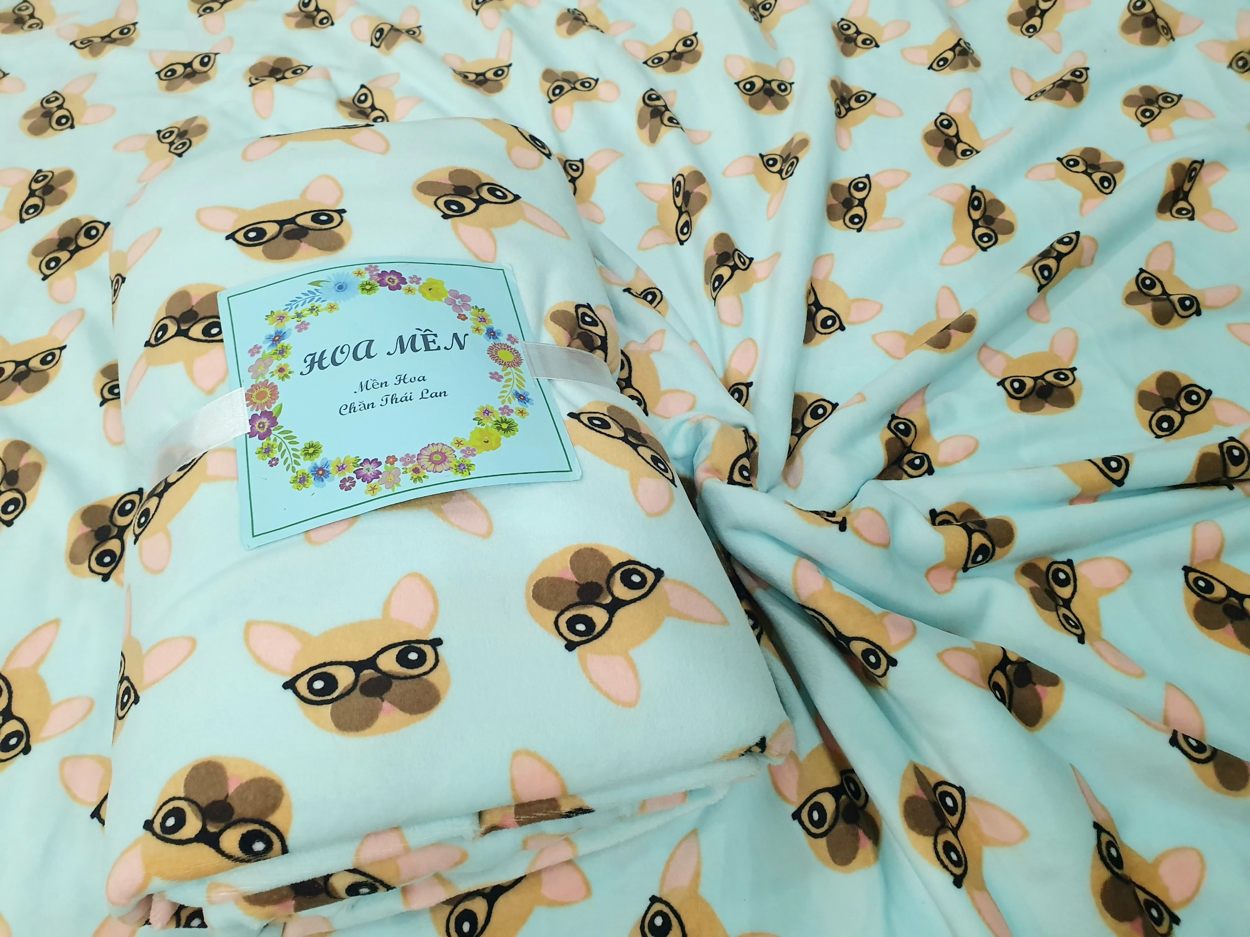 Sale/110k còn 99k mền nỉ nhung thái cún xanh văn phòng, đi học, du lịch