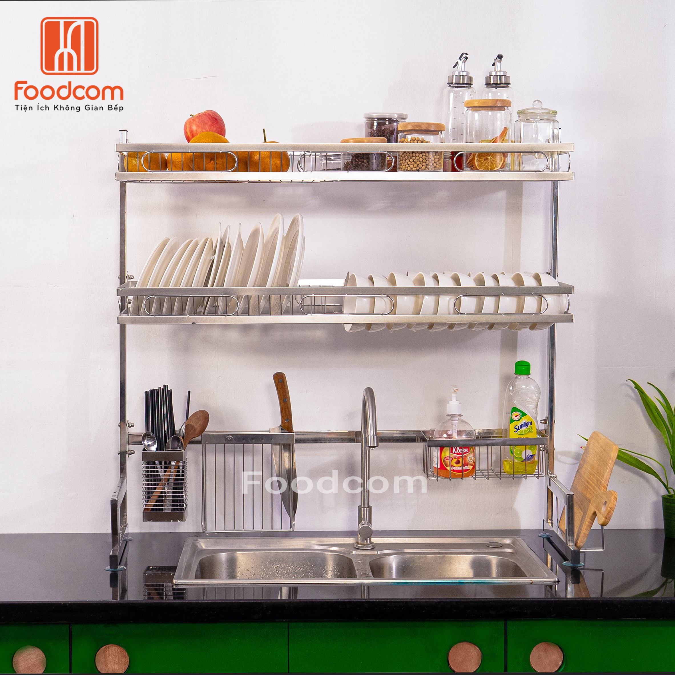 Kệ bát inox Foodcom liền khối đa năng loại 1 và 2 tầng, size - FC