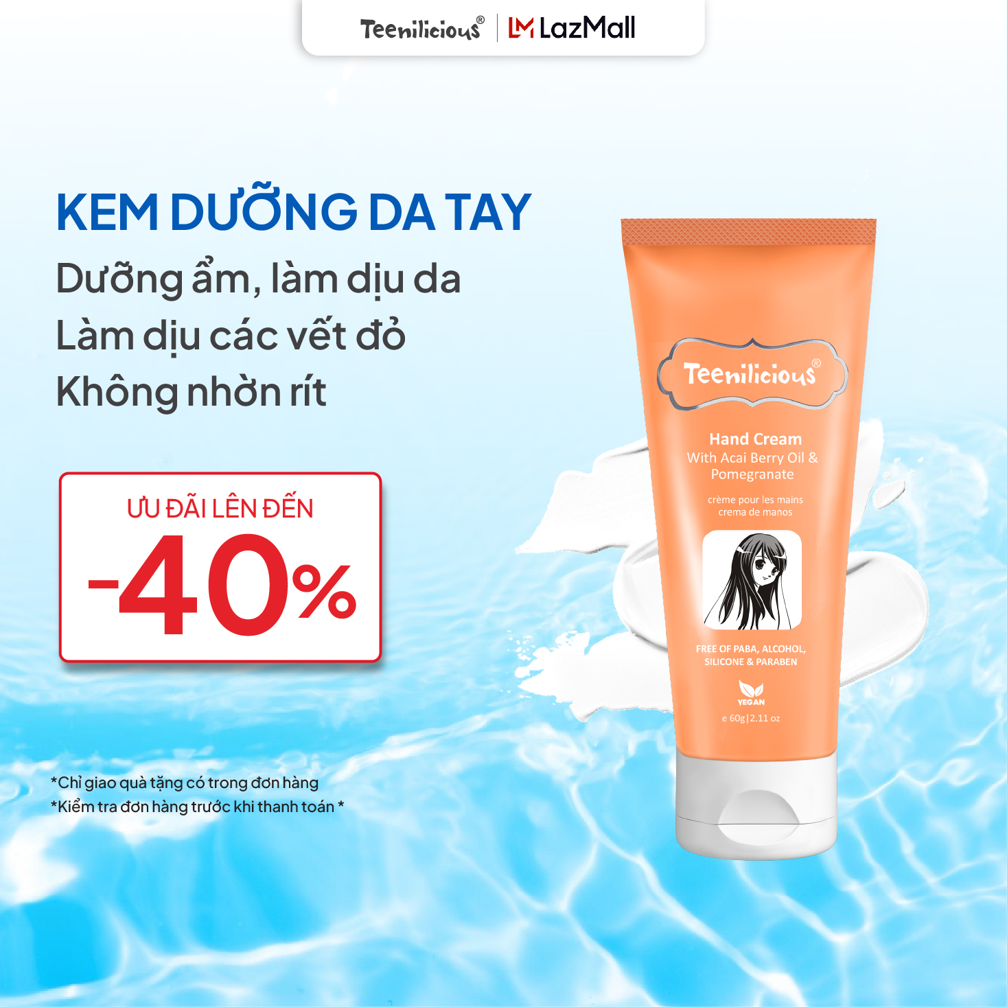 Kem Dưỡng Da Tay Chiết Xuất Acai Và Lựu Teenilicious Hand Cream With Acai Berry Oil & Pomegranate - Nuôi Dưỡng Và Giữ Ẩm, Dành Cho Da Nhạy Cảm - Tuýp 60g