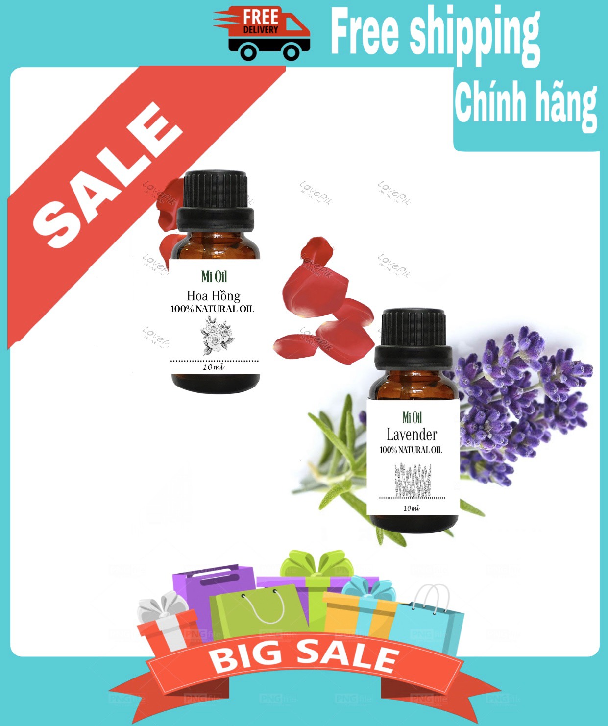 Bộ 2 chai tinh dầu lavender, tinh dầu hoa hồng