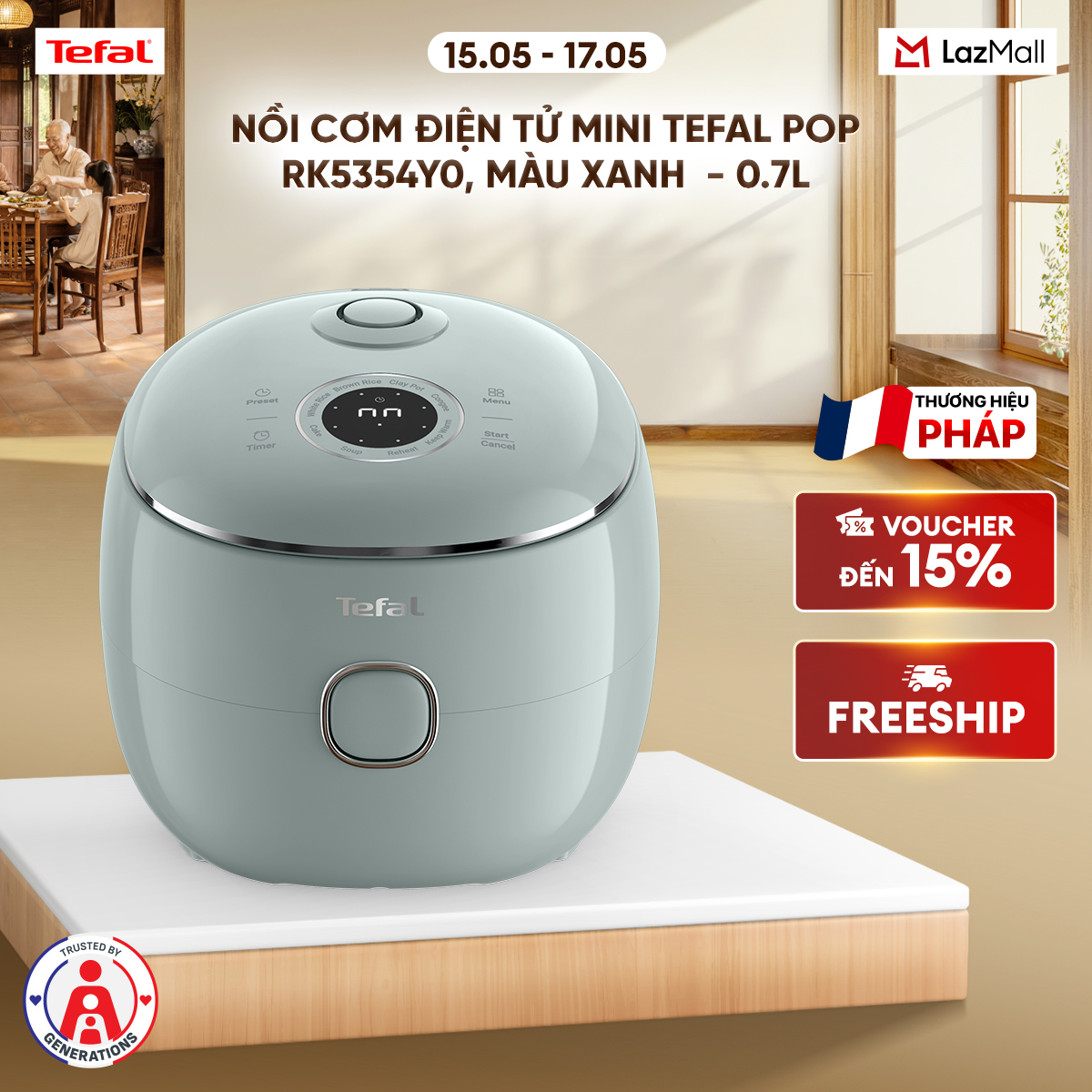Nồi cơm điện tử Mini Tefal POP RK5354Y0, màu xanh  - 0.7L