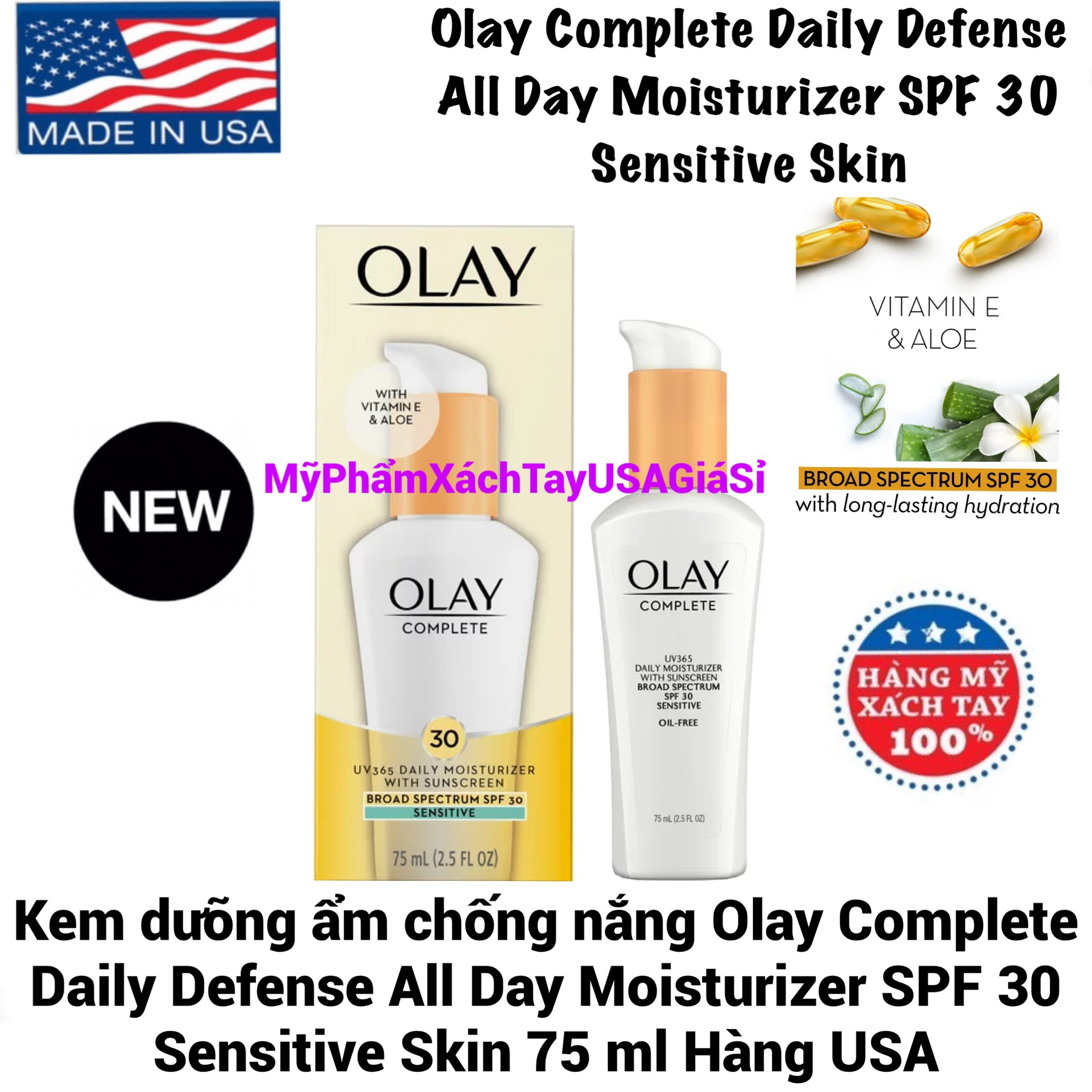 Kem duỡng ẩm chống nắng Olay Complete Daily Defense All Day Moisturizer SPF 30 Sensitive Skin 75 ml Hàng USA