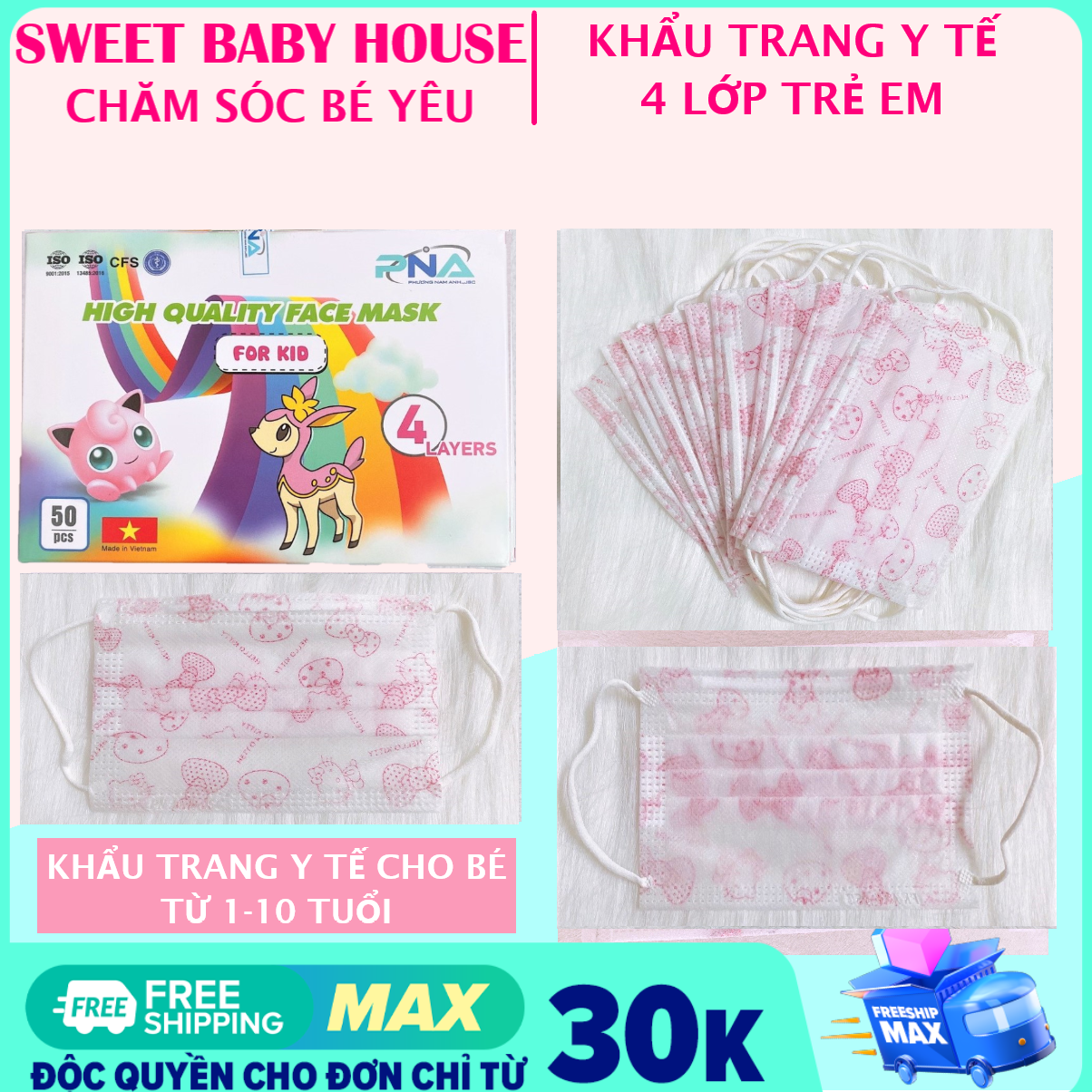 [HCM]Combo 10 chiếc khẩu trang y tế 4 lớp hộp 50 cái cho bé từ 1-10 tuổi chính hãng Phương Nam Anh - Sweet Baby House