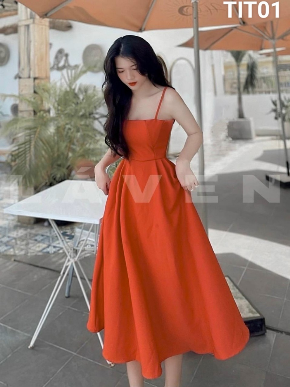 Đầm xòe 2 dây maxxi đi biển có mút màu y hình cotton lạnh TIT01