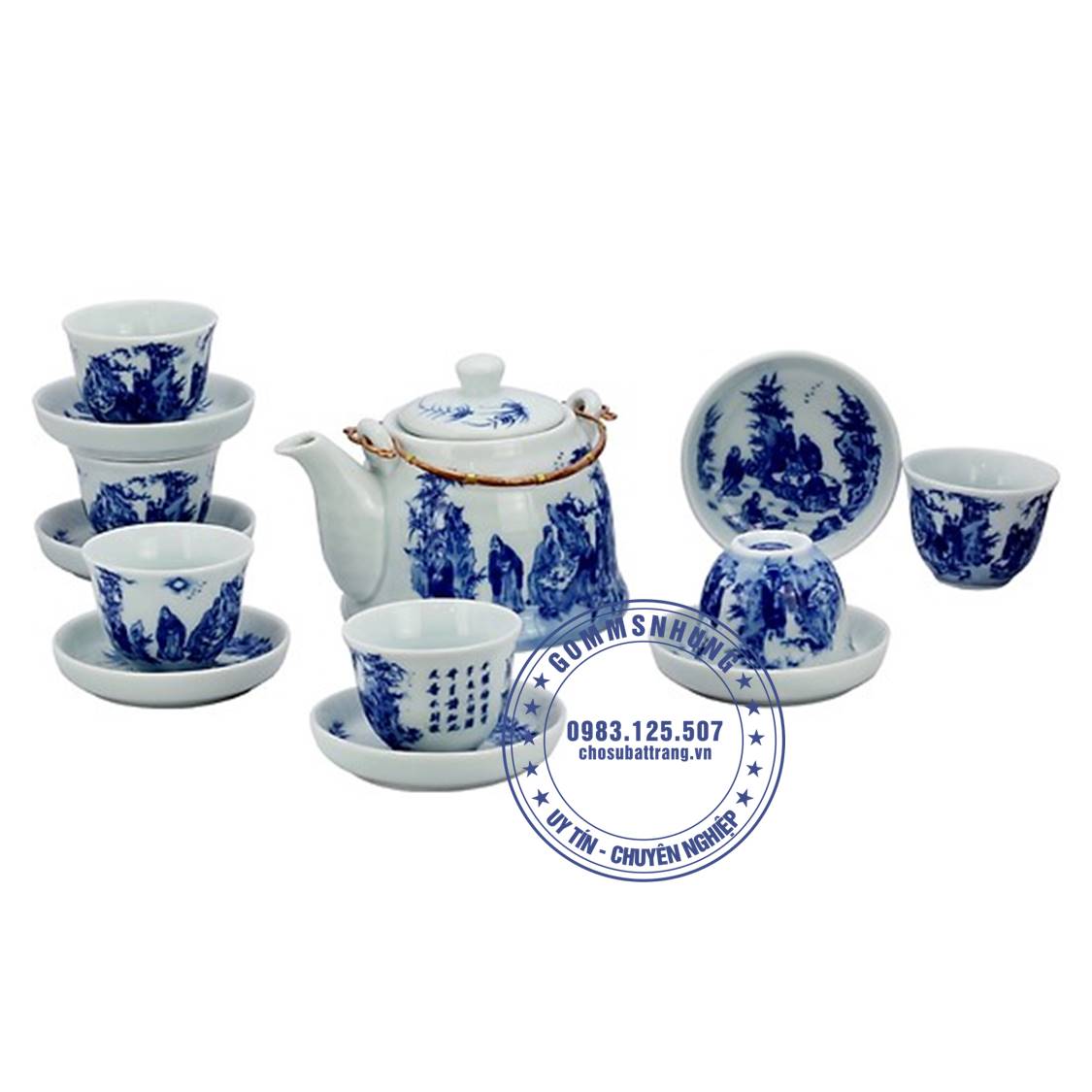 Bộ ấm chén men lam ''Ngọc Mãn Đường'' - vẽ Trúc Lâm Thất hiền