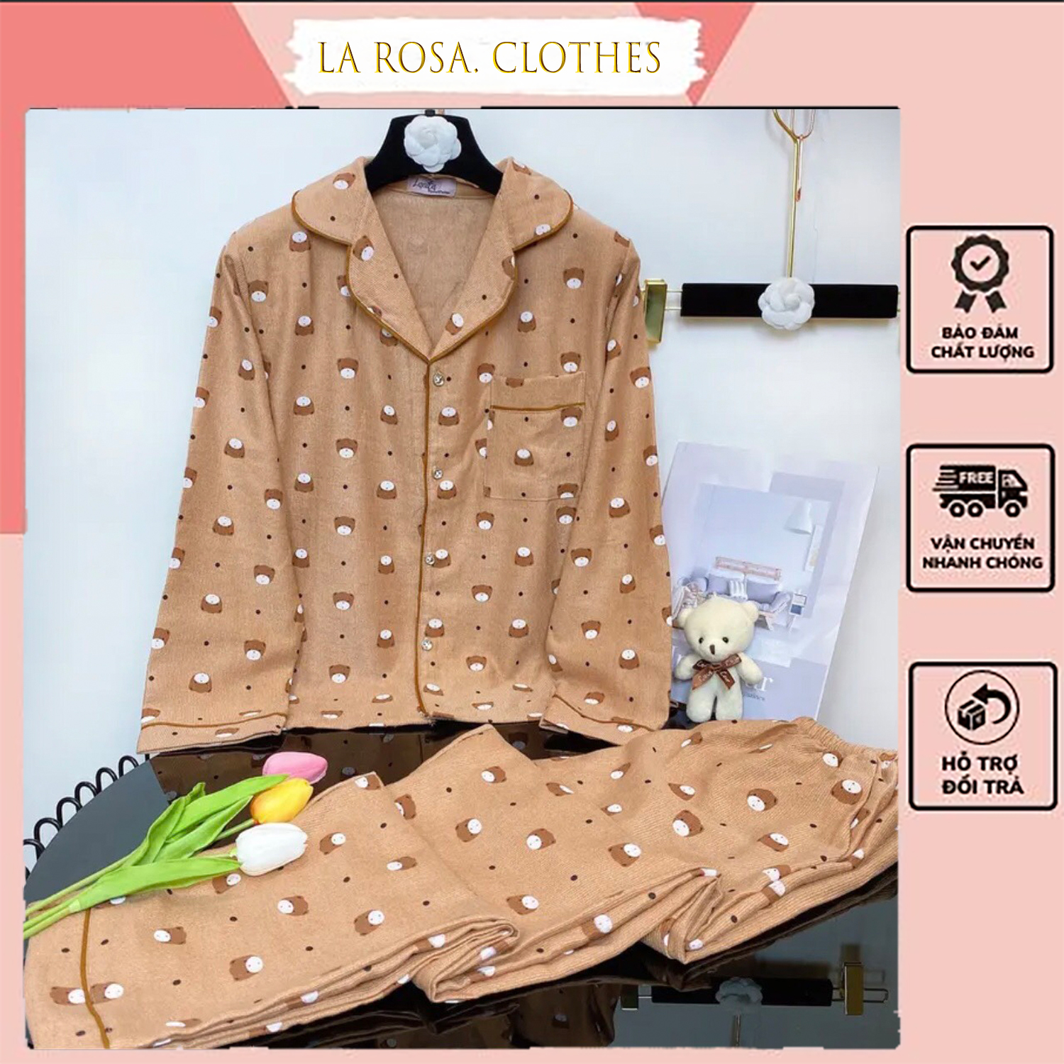Đồ ngủ nữ mặc nhà dài tay chất nhung tuyết, bộ đồ ngủ pyjama áo dài quần dài, đồ bộ mặc nhà họa tiết đáng yêu