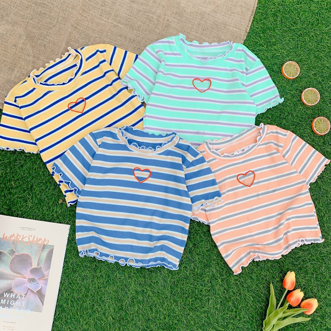 ÁO CROPTOP SỌC NGANG KHOÉT TIM CHẤT VẢI THUN GÂN ĐỦ MÀU XỊN SÒ