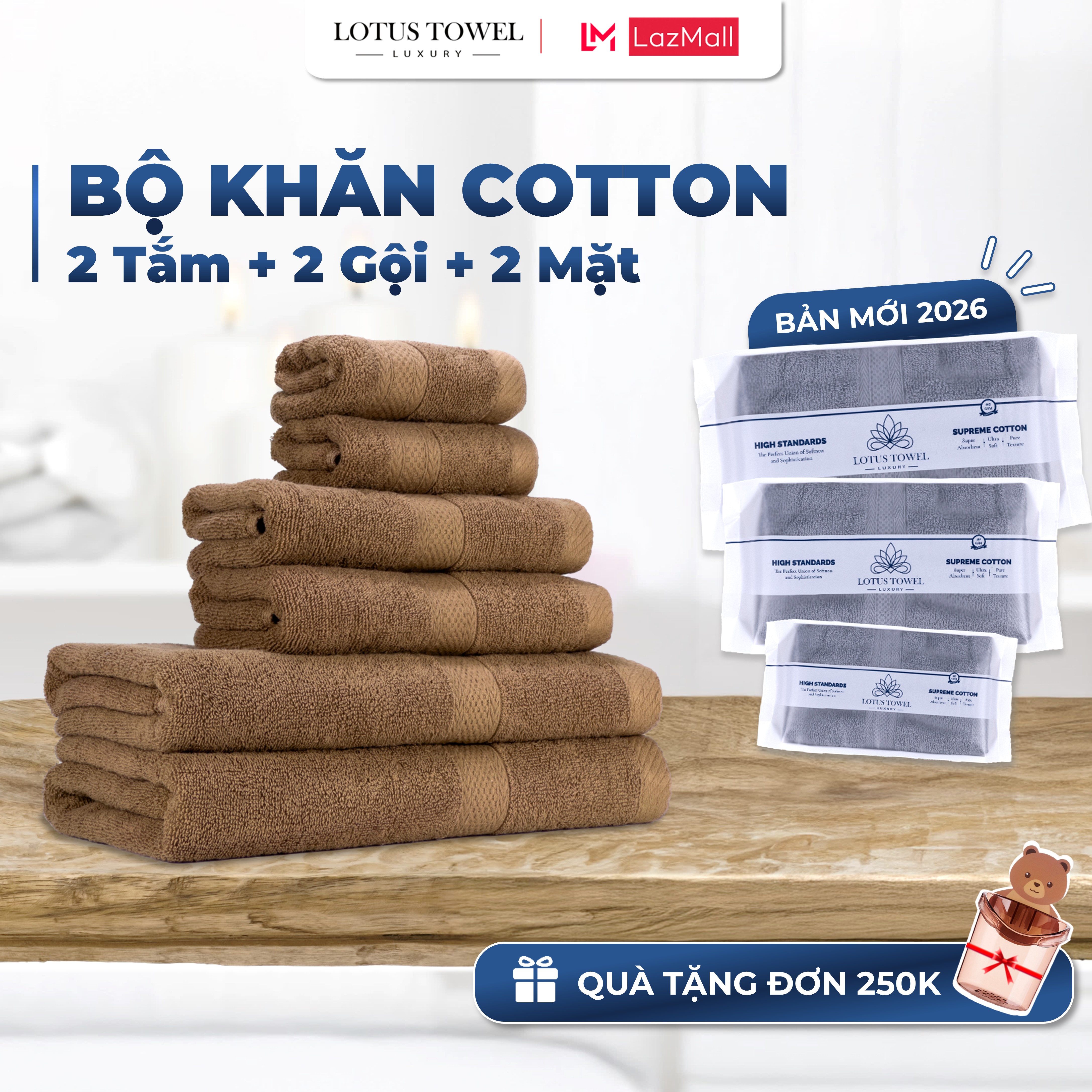  Bộ 6 Khăn Tắm Gội Lau Mặt LOTUS TOWEL 100% Cotton Cao Cấp Mềm Mịn Thấm Hút Không Ra Màu 