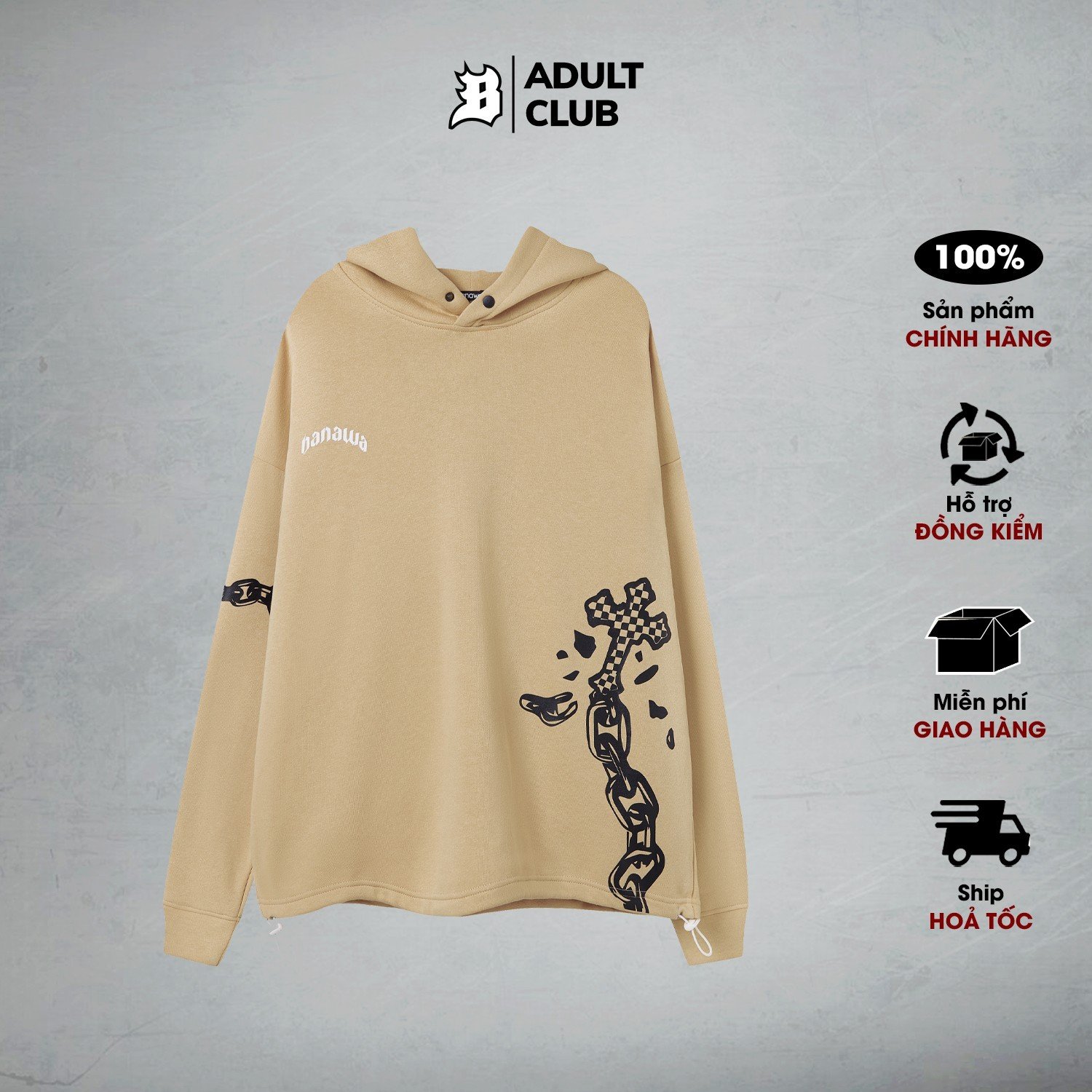 Chain Hoodie - Màu Kem - Áo Hoodie raglan Banawa form rộng nam nữ unisex có nón trùm đầu