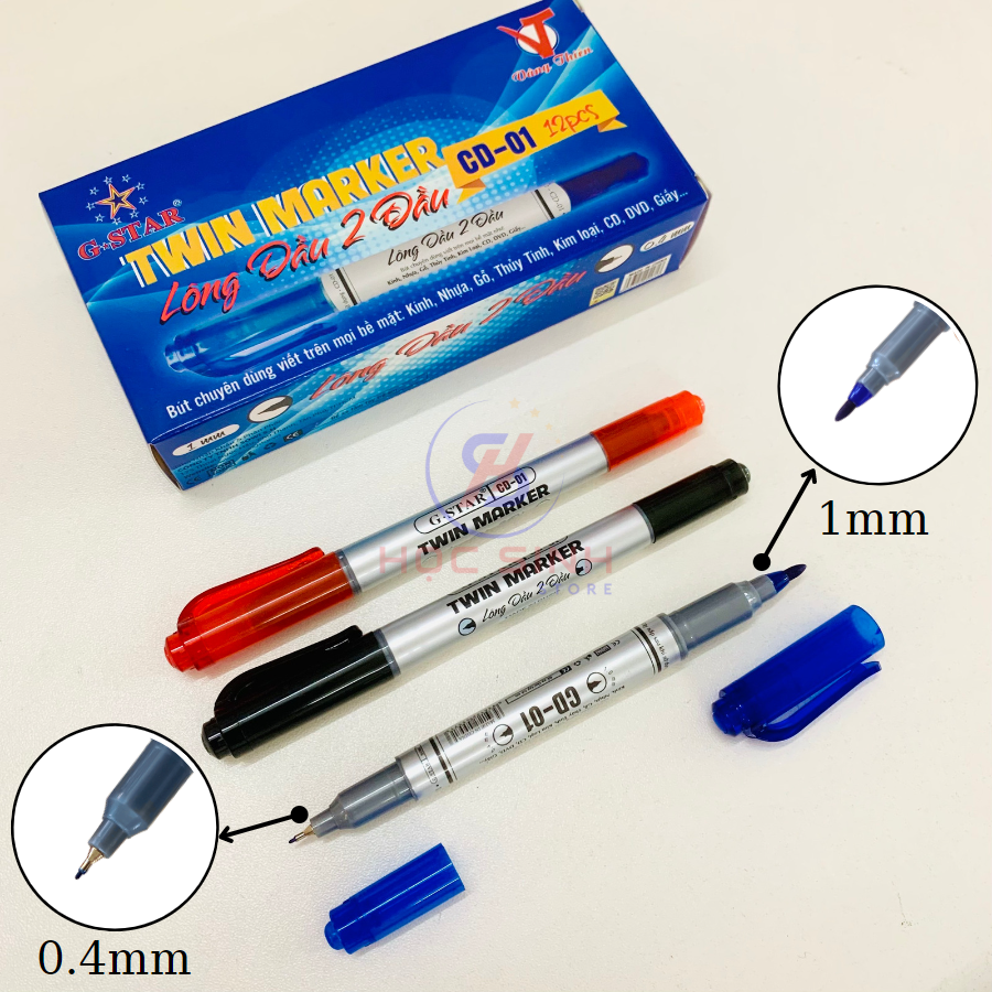 Hộp 12 cây bút lông dầu CD 2 đầu Gstar CD-01 ( xanh, đỏ, đen )