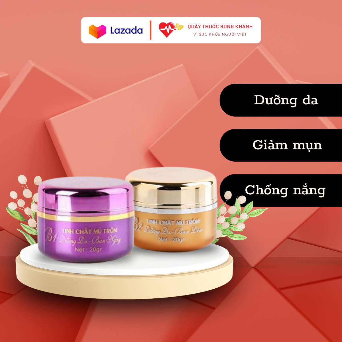 Kem Mủ Trôm Vĩnh Tân B1 Ban Đêm & B2 Ban Ngày có tác dụng chống nắng, giúp dưỡng da và giúp mụn mau lành, đặc biệt sản phẩm hoàn toàn từ thiên nhiên - Song Khánh Pharmacy - 100g