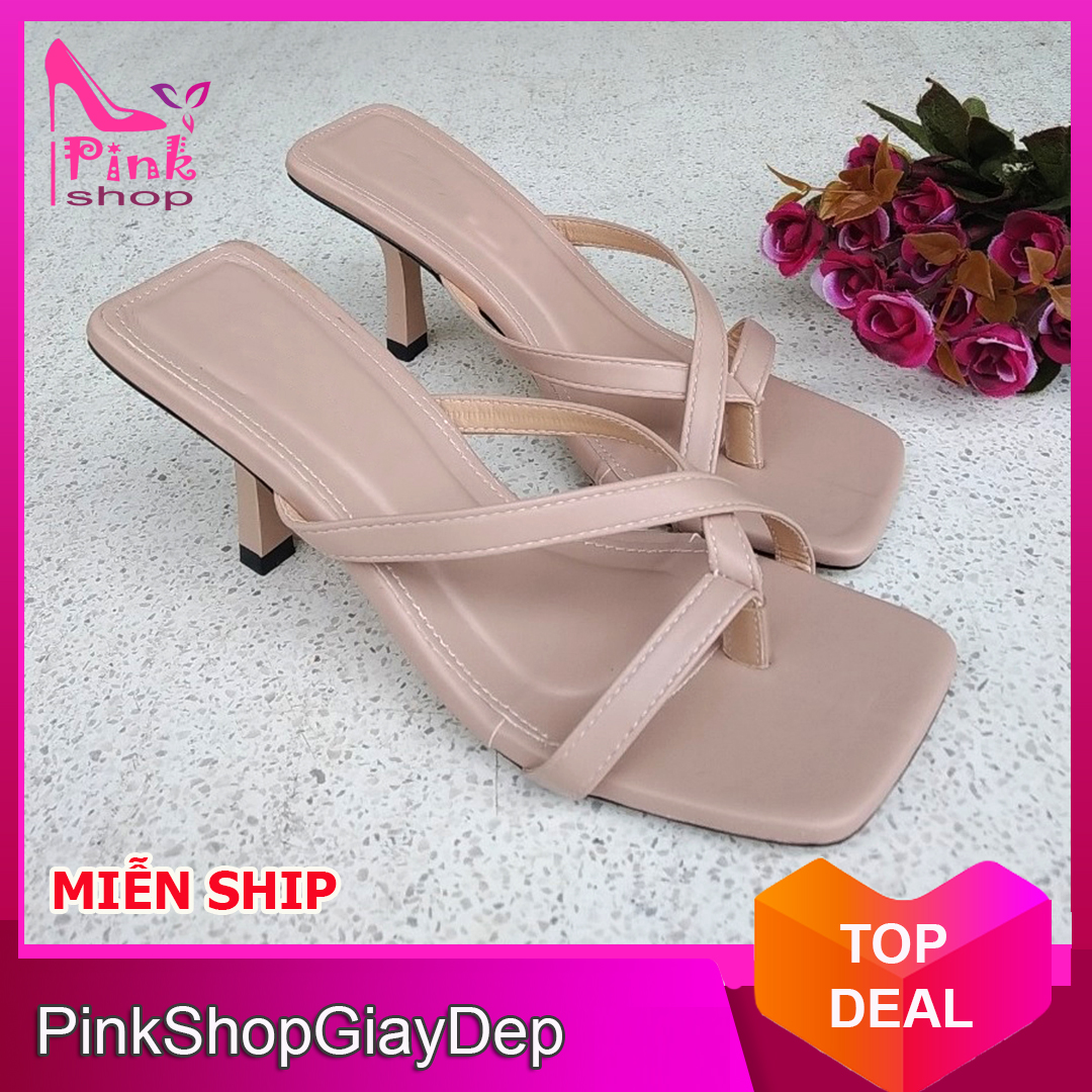 (Miễn ship) Dép cao gót 5 phân gót nhọn quai dây xỏ ngón chất liệu da PinkShopGiayDep - mã GNXN