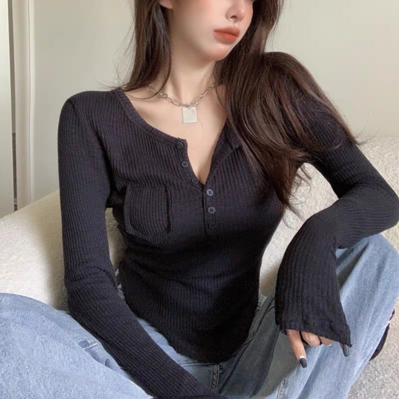 Áo thun body nữ khuy ngực 🦋 áo phông trơn dáng ôm dài tay túi trước 3 màu
