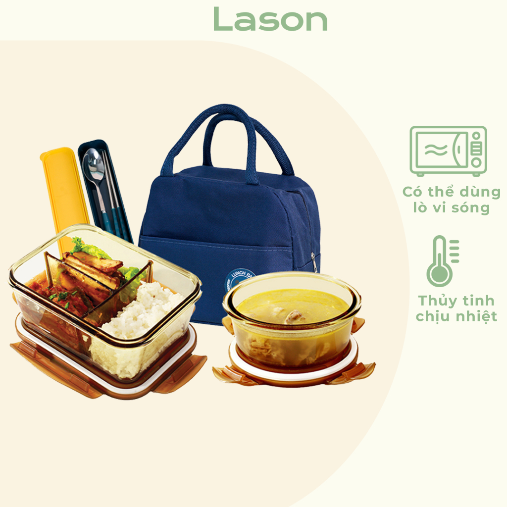 Hộp cơm thủy tinh Lason hổ phách 960ml, hộp đựng cơm văn phòng HC-TT03