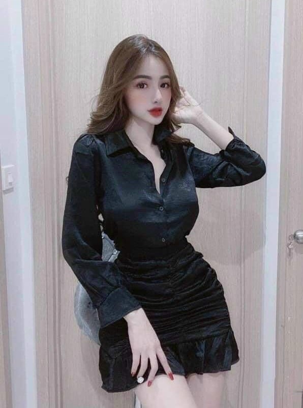 Set Bộ Nữ Tay Dài Cổ Áo Sơ Mi Kèm Chân Váy Nhún Thiết Kế Kiêu Sa Thời Thượng Thời Trang SUNI