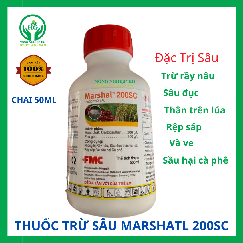 Thuốc trừ sâu Marshal 200sc FMC Chai 500ml,rầy nâu, bù lạch , bọ xít, sâu phao đục bẹ, đục thân, sâu năn hại lúa; rệp sáp hại cà phê, bọ trĩ HG