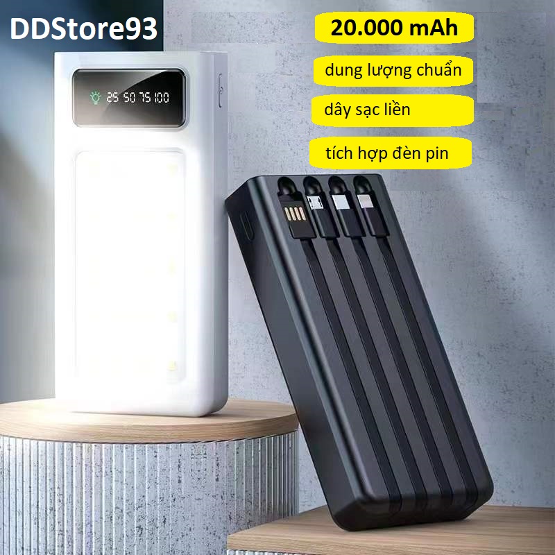 Sạc dự phòng 20.000mAh đèn pin tích hợp siêu sáng, kèm dây sạc gắn liền tiện dụng