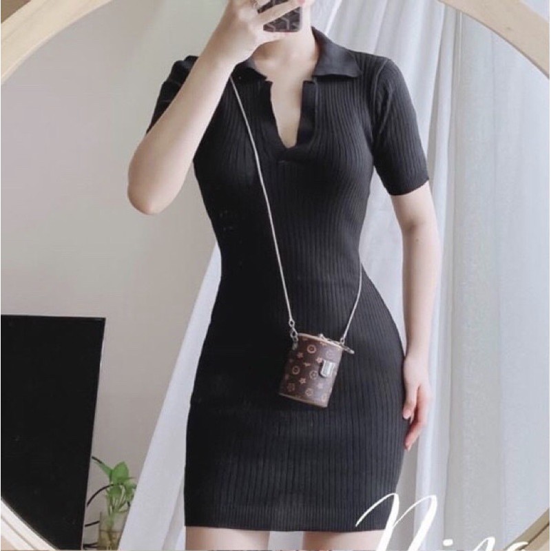 - Váy ôm body cổ Polo tôn dáng len tăm tay ngắn đủ màu