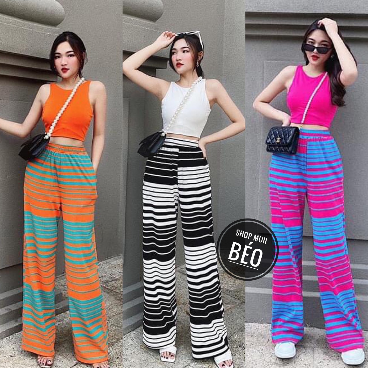 [MẪU MỚI] Set Bộ Quần Sọc Ống Rộng Kèm Áo Croptop 3 lỗ Chất Thun Borip Thích Hợp Mặc Đi Tiệc Đi Làm Đi Chơi
