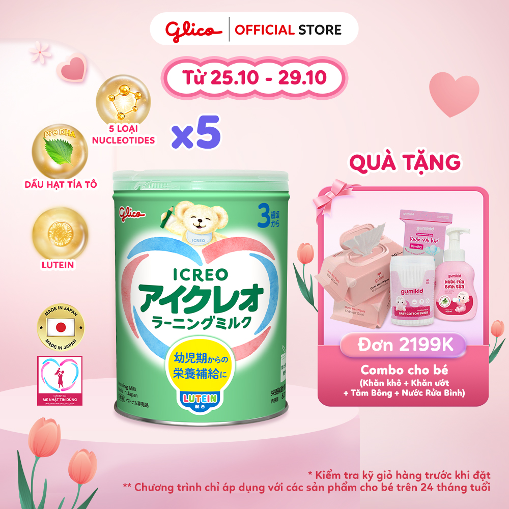 (ICREO SỐ 3) Combo 5 Lon Thực Phẩm Bổ Sung Sữa Dinh Dưỡng GLICO ICREO LEARNING MILK cho bé từ 3 tuổi trở lên (Số 3 - 5Lon x 820g/Lon)