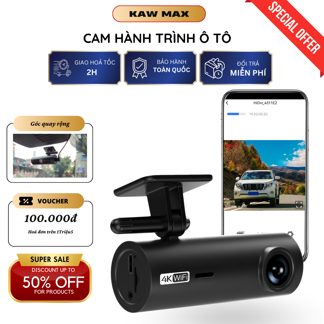 Camera hành trình ô tô KAW, camera fullHD 4K, hình ảnh siêu nét cảnh báo va chạm, ghi âm, góc quay rộng, phù hợp với nhiều dòng xe