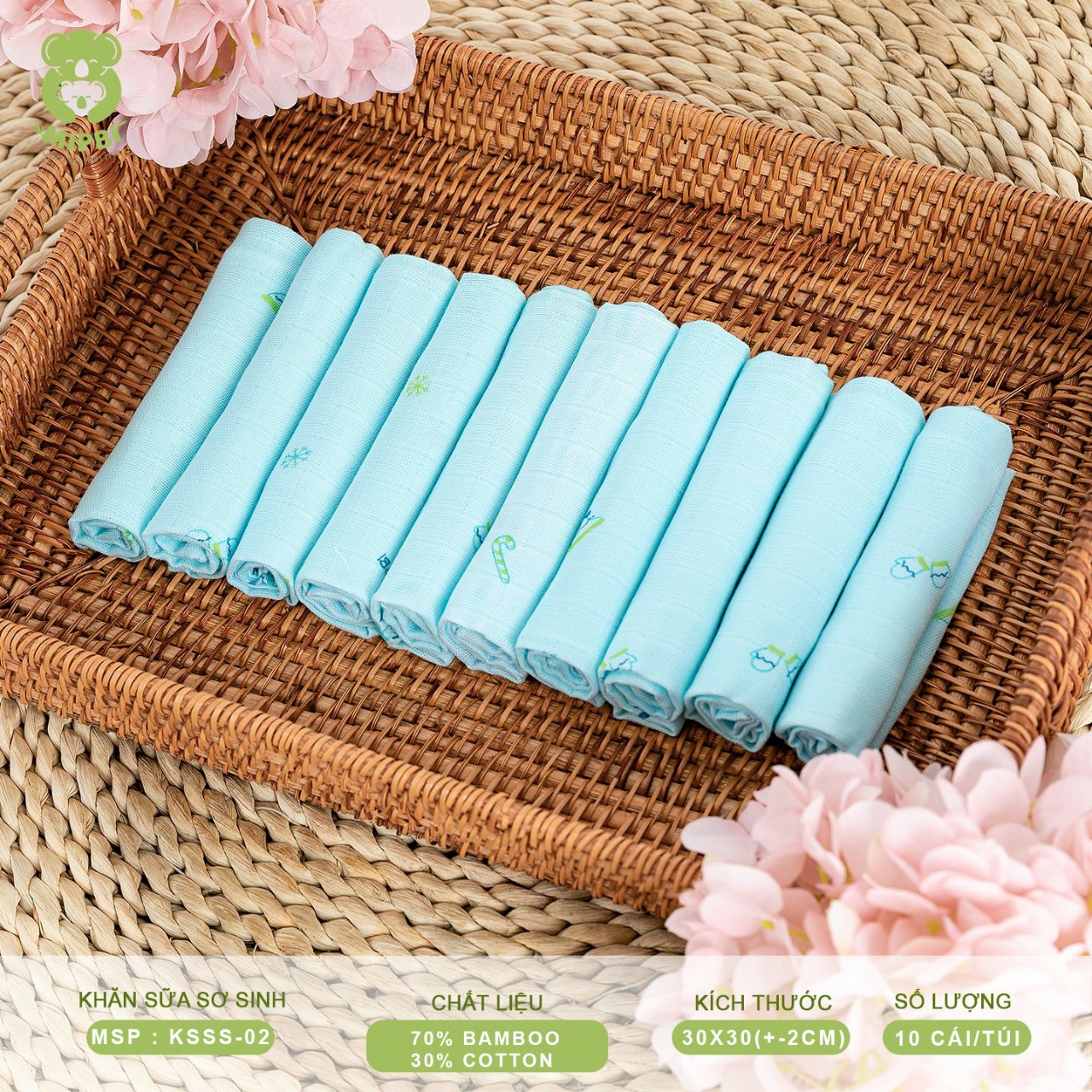 Túi 10 KHĂN SỮA SƠ SINH MIPBI DẠNG Ô VUÔNG NHỎ lần đầu tiên có mặt trên thị trường Việt Nam. Chất liệu 70% bamboo+30% cotton