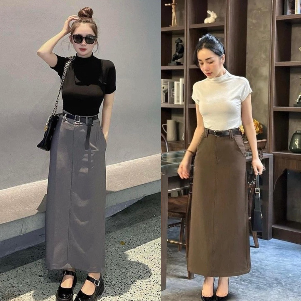 Set áo bozip mix chân váy xẻ dài siêu cá tính kèm thắt lưng 3 món