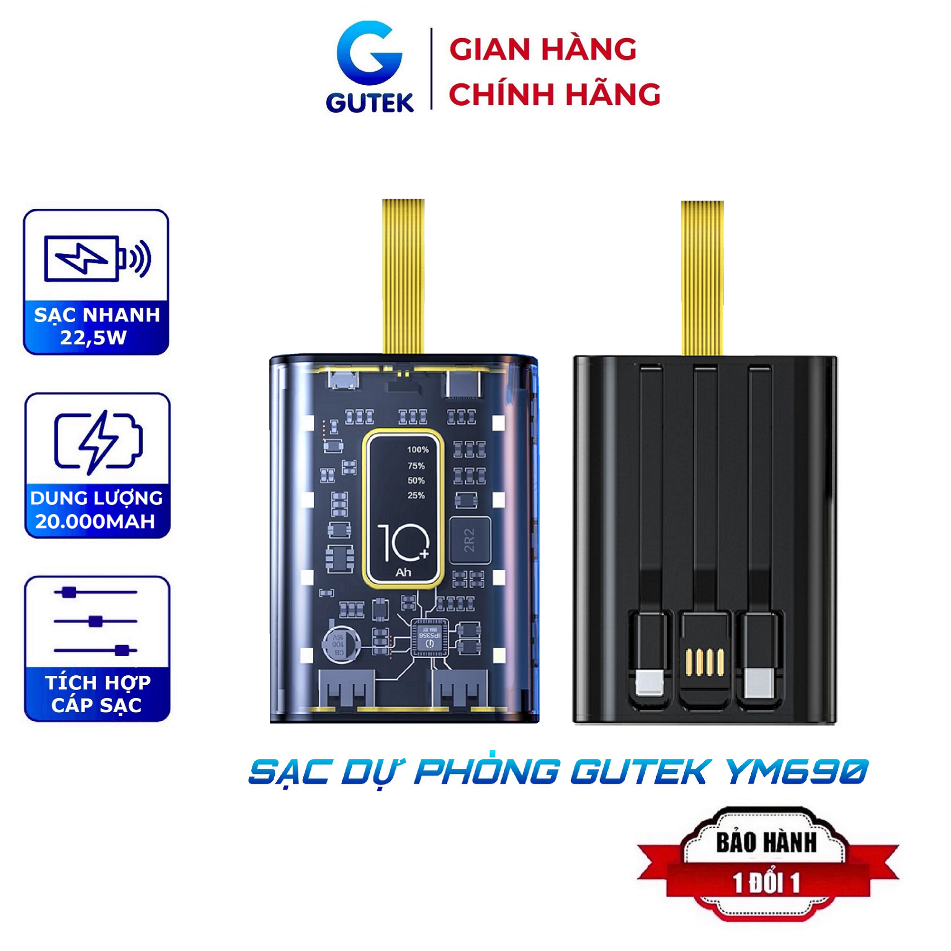 Sạc dự phòng 20000mAh Gutek YM690 dung lượng lớn trong suốt tích hợp dây sạc nhanh cho nhiều thiết bị