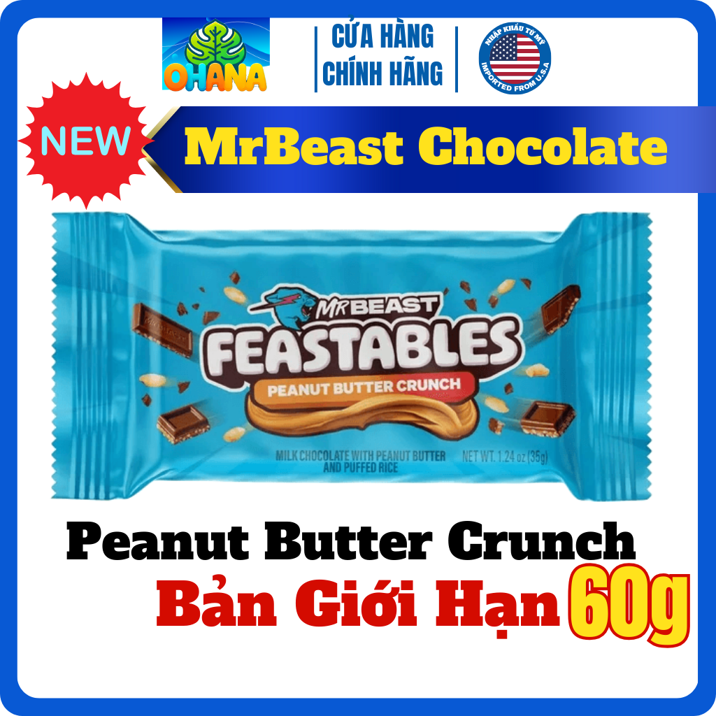 Kẹo socola mrbeast - chocolate mr beast Feastables MrBeast 60g-Vị Peanut Butter Crunch[MẪU MỚI]-[Đá Gel]