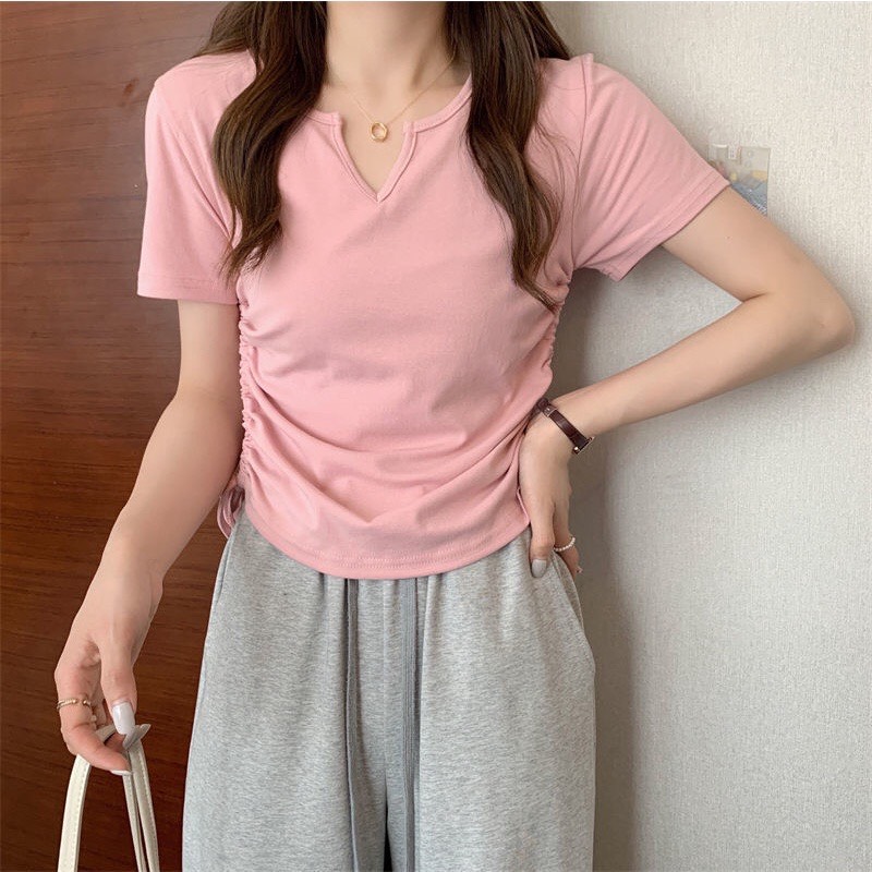 Áo thun tay ngắn cổ chữ V phối dây rút phong cách trẻ trung