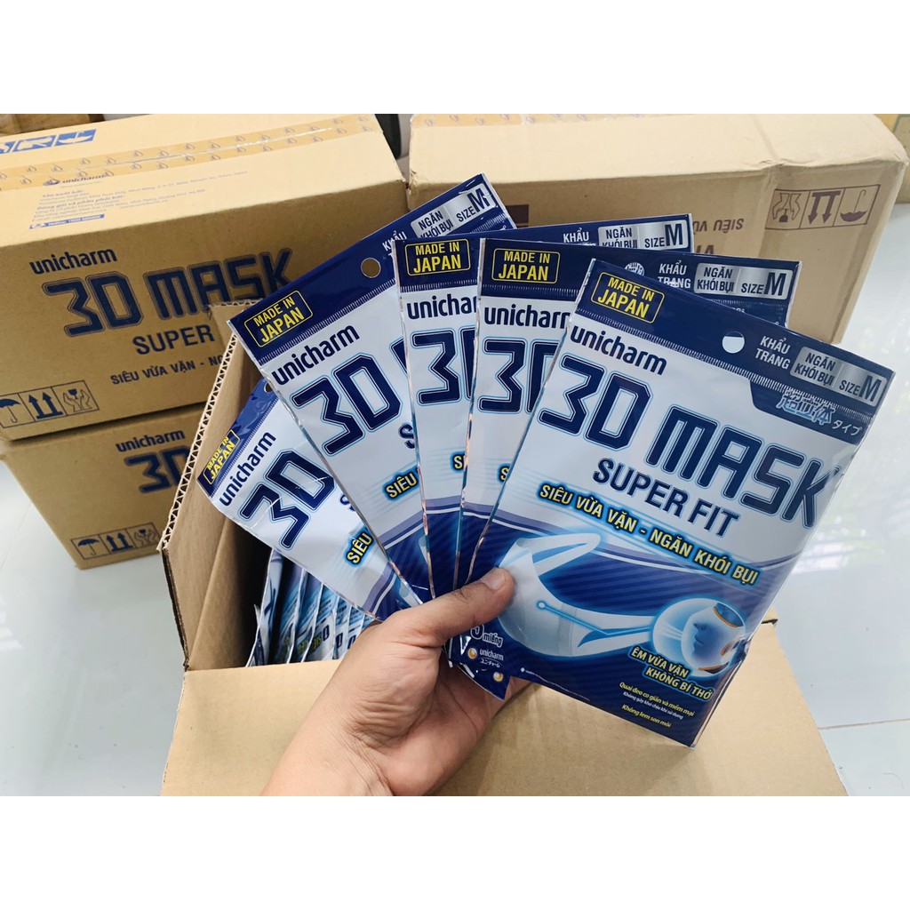Thùng 48 Gói Khẩu Trang  Unicharm 3D Mask Super Fit Ngăn Khói Bụi Size M (5 Miếng/Gói)