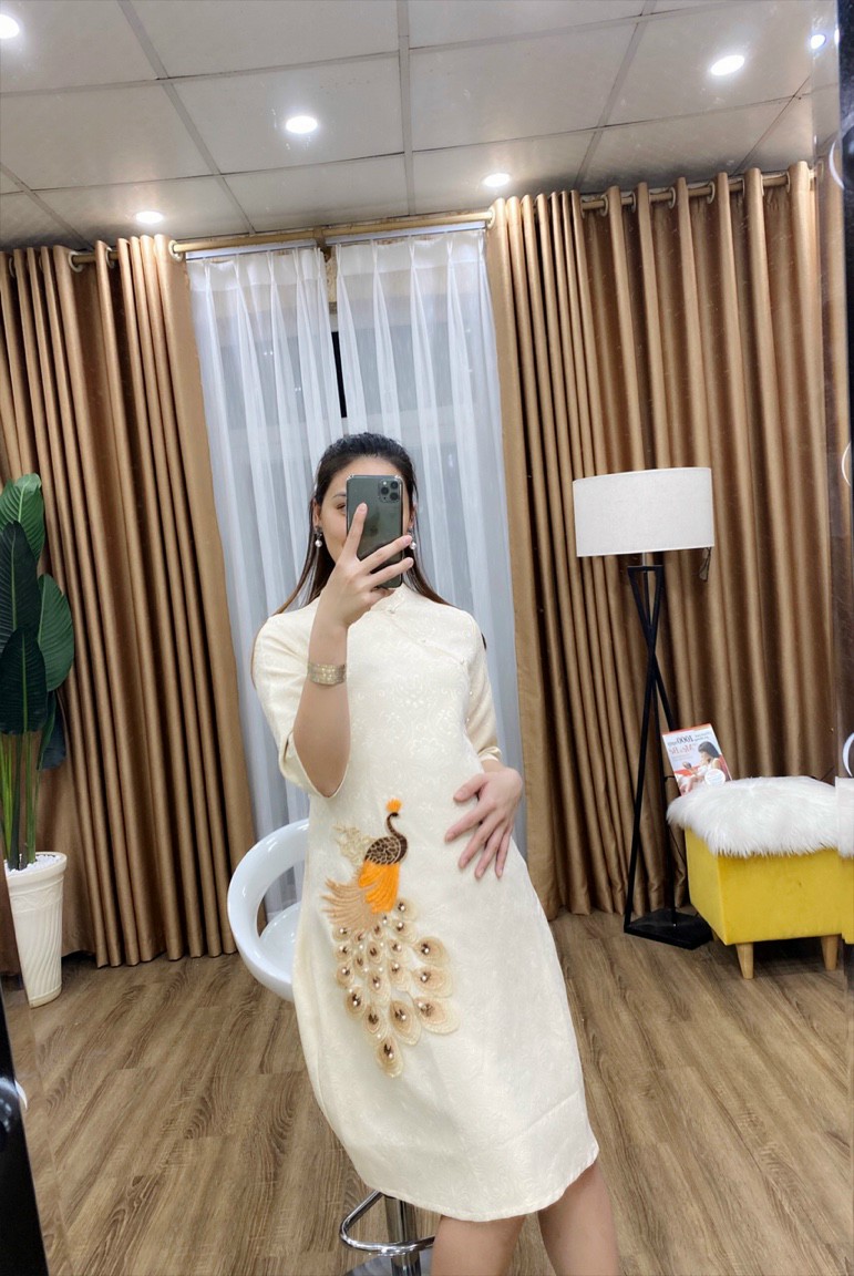 Váy bầu công sở, áo dài cách tân gấm phối voan tinh tế-Đầm bầu dự tiệc thiết kế