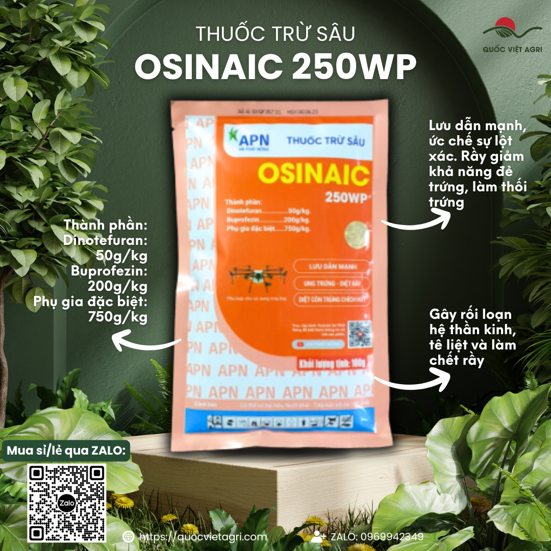  Thuốc trừ sâu OSINAIC 250WP  gói 100g  - Dinotefuran 50g kg + Buprofezin 200g kg Bị bọ trĩ rầy xanh rầy nâu rầy mềm rệp sáp rầy phấn trắng ruồi đục lá 