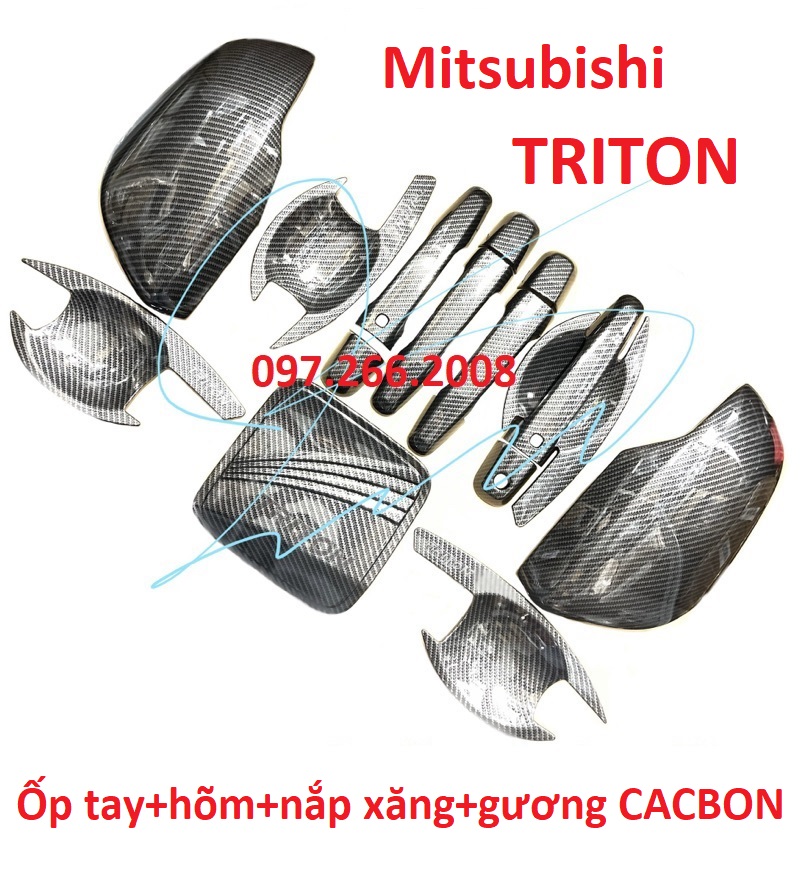 Ốp tay nắm, hõm cửa, nắp xăng, ốp gương CACBON xe Triton 2019 - 2023 vân carbon cao cấp