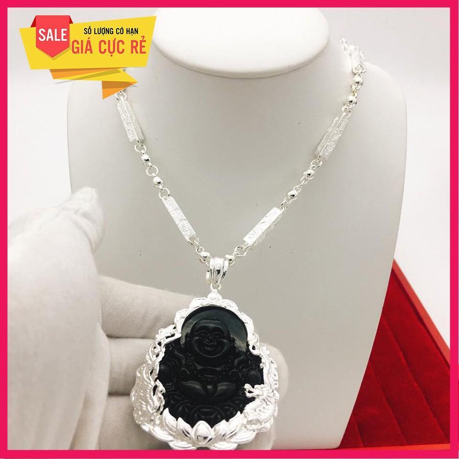Vòng cổ nam ống trúc bạc Thái - Dây chuyền khắc rồng tinh tế - Kèm mặt phật Di Lạc đá đen phong thủy