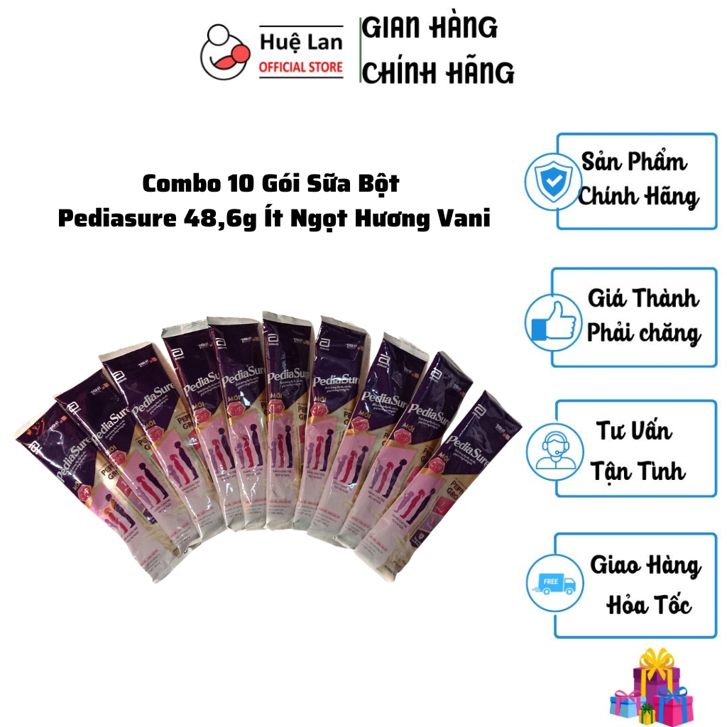 Combo 10 Gói Sữa Bột Pediasure 48,6g Ít Ngọt Hương Vani