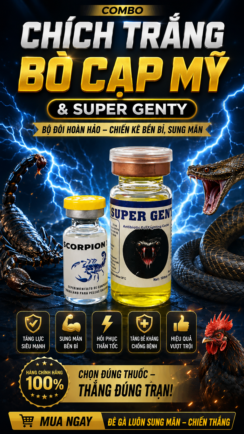 Scorpion XT & Super Genty - Thảo dược Tăng Lực Trước Khi Thi Đấu Cho Gà Chai 1cc Cải Thiện Tốc Độ Sức Bất Chống Sặc Ối Bền Bo Tối Phút 90