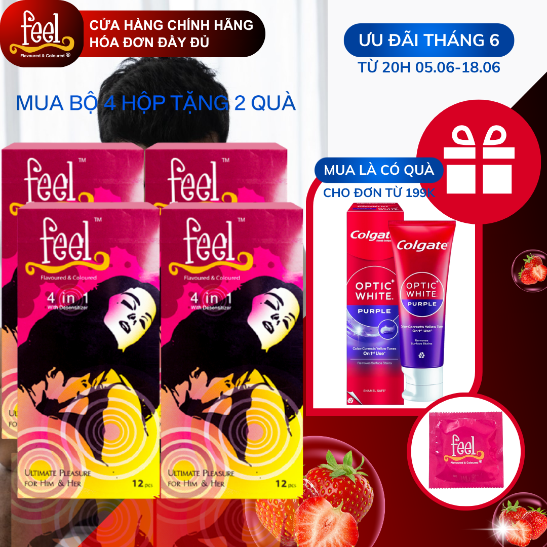 Bộ 4 Hộp Bao cao su Feel 4 in 1 12 bao - Giúp kéo dài thời gian quan hệ