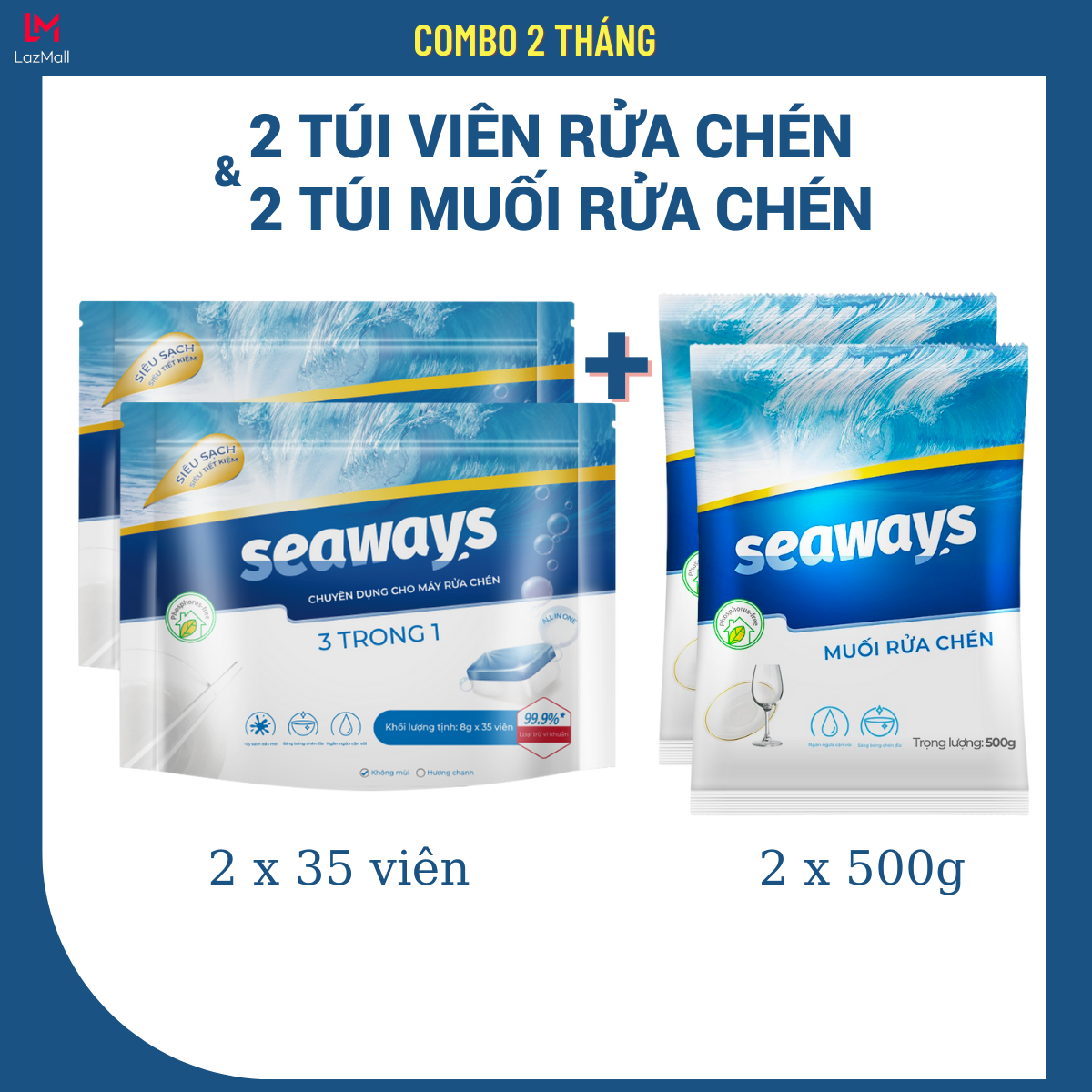2 túi viên rửa chén bát seaways + 2 túi muối 500gr - dành cho mọi máy rửa chén